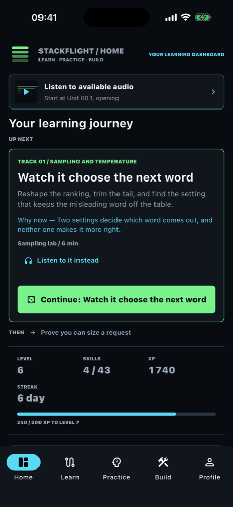 The home screen: what to do next, level and streak, and where you are in the course.