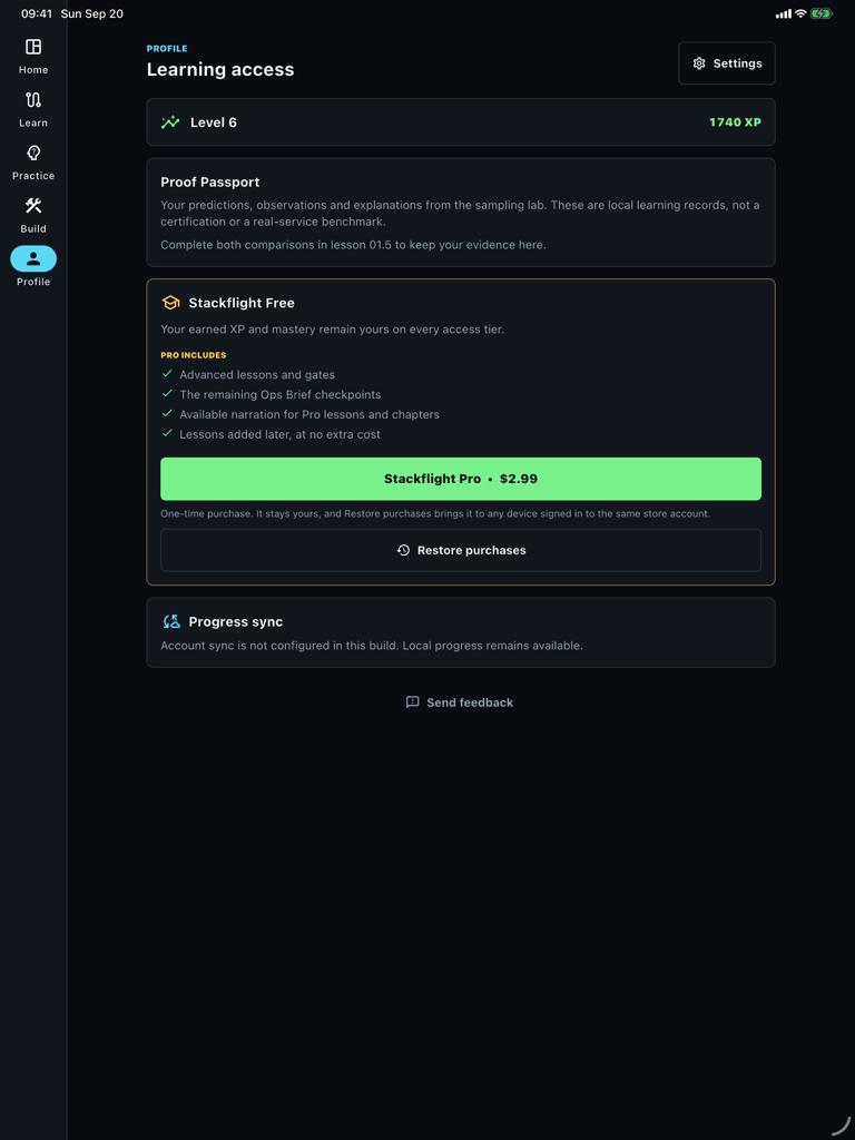 The profile screen on iPad, with earned progress and the one-time purchase.