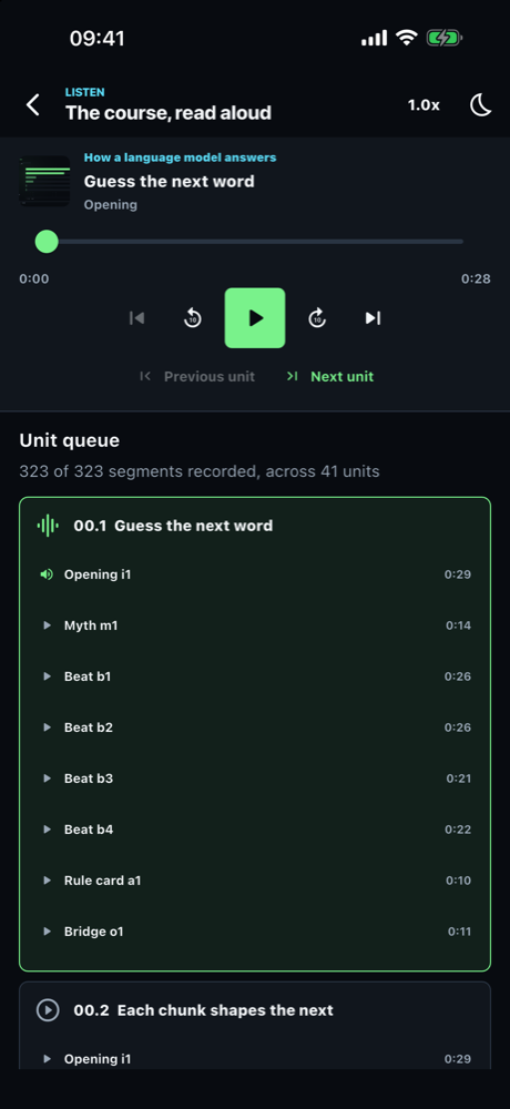 The listening queue, with the whole course narrated track by track.