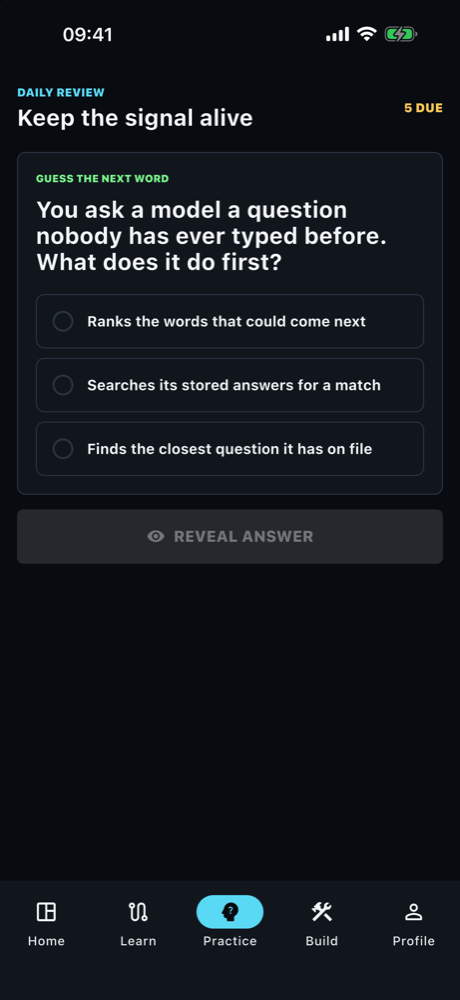 A practice card asking a question about a lesson already finished.