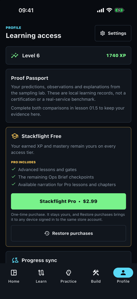 The profile screen showing earned progress and the one-time purchase.